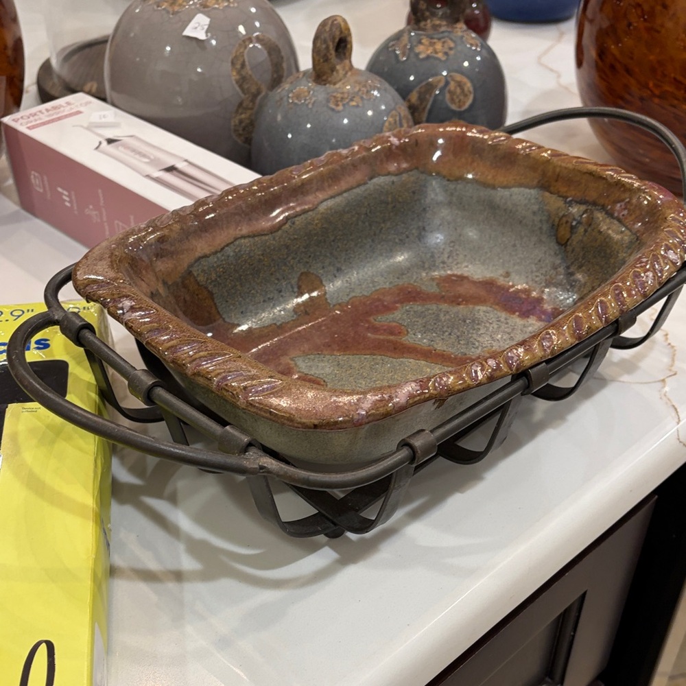 Rustic Ceramic Baking Dish with Metal Holder